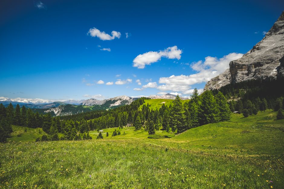 Beautiful mountain landscape with lush greenery, clear sky, and distant peaks on a sunny day.