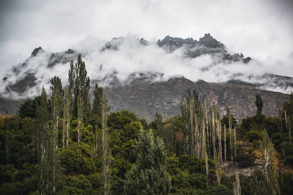 Misty mountains with lush greenery in Hunza Nagar create a dramatic and scenic view.