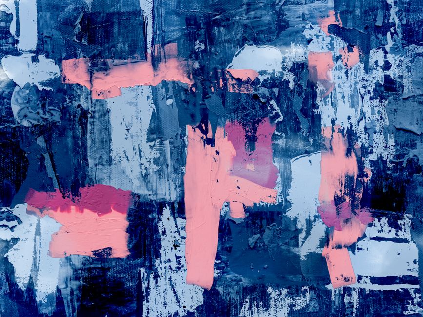 Bold abstract painting with blue and pink textured layers creating a dynamic expressionist art piece.