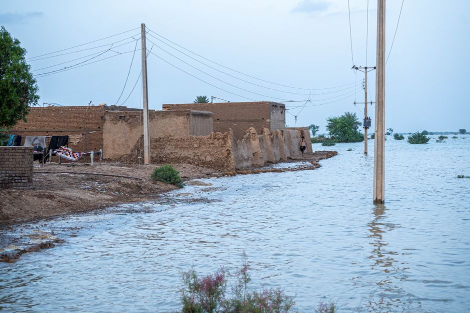 Flooding submerges rural houses in Gandakha, Balochistan, Pakistan.