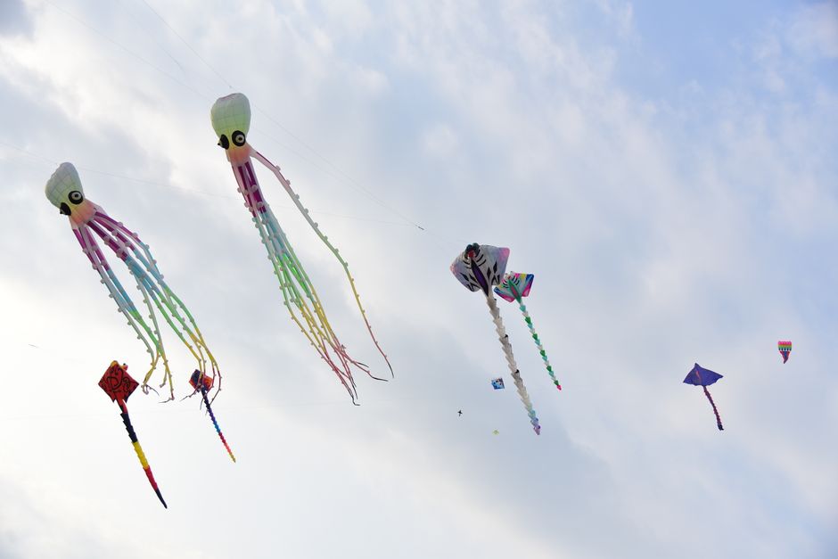 Vibrant octopus-shaped kites soaring high against a bright, clear sky during a kite festival.