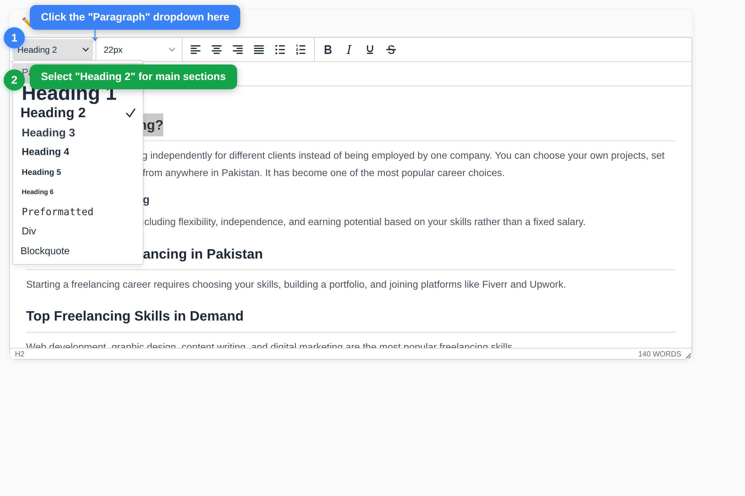 TinyMCE dropdown showing Heading 2 option with step-by-step annotations