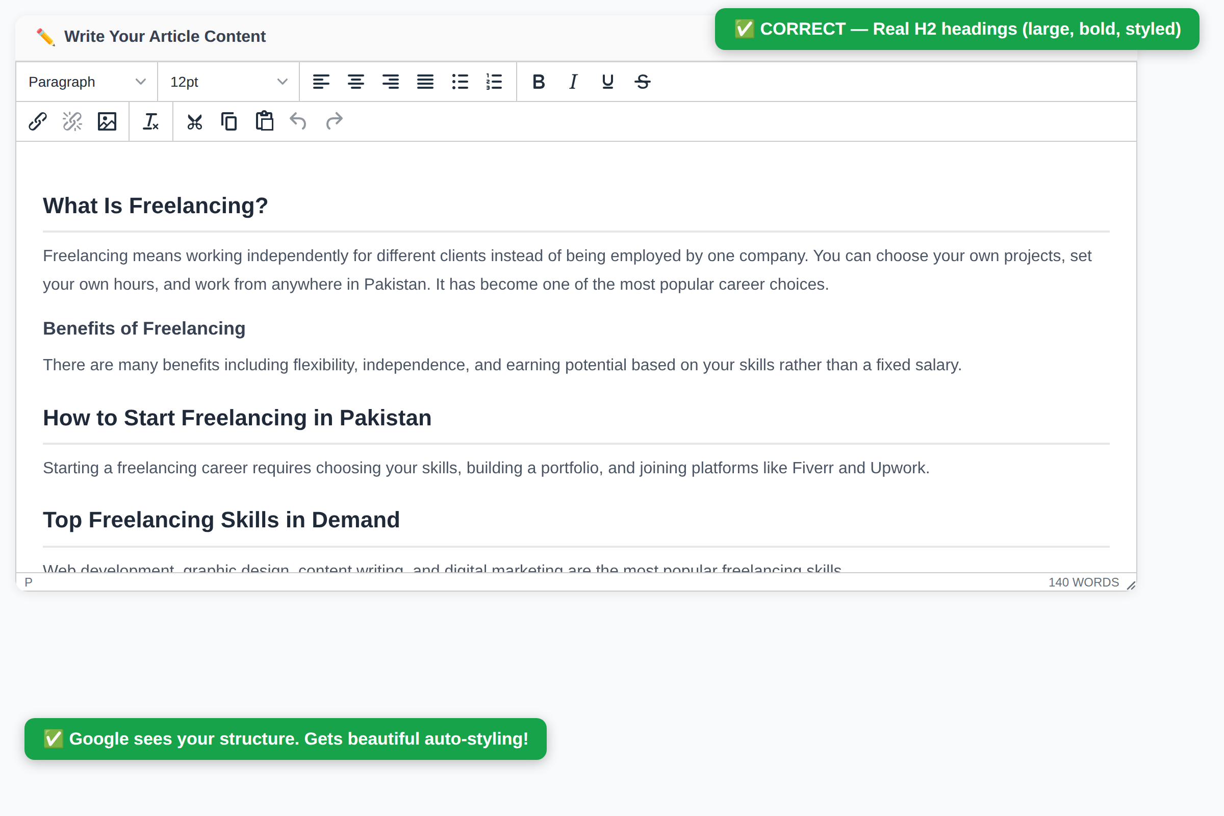 Correct way: using Heading 2 from dropdown menu