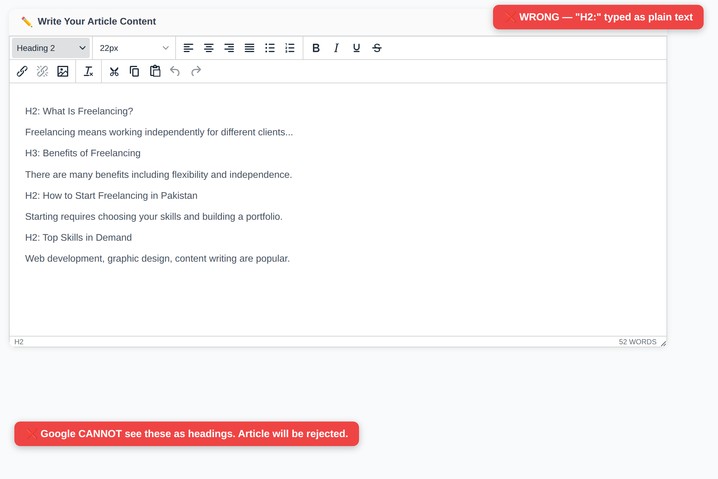 Wrong way: typing H2 as text in the editor